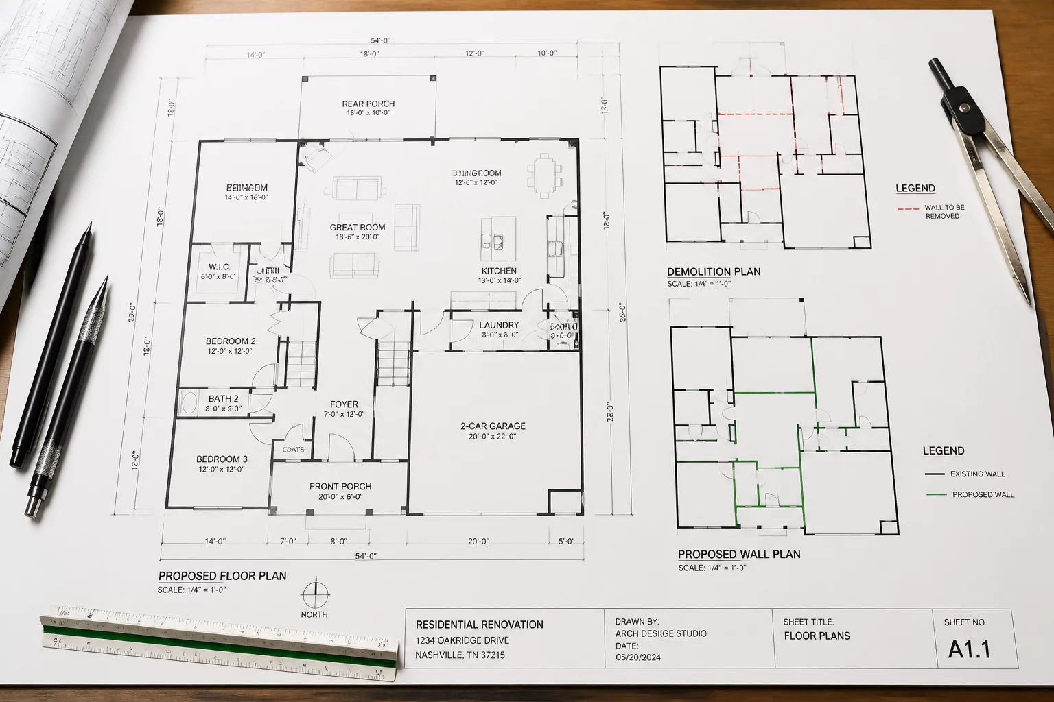 Architectural plan drawing and CAD interface for remodel documentation