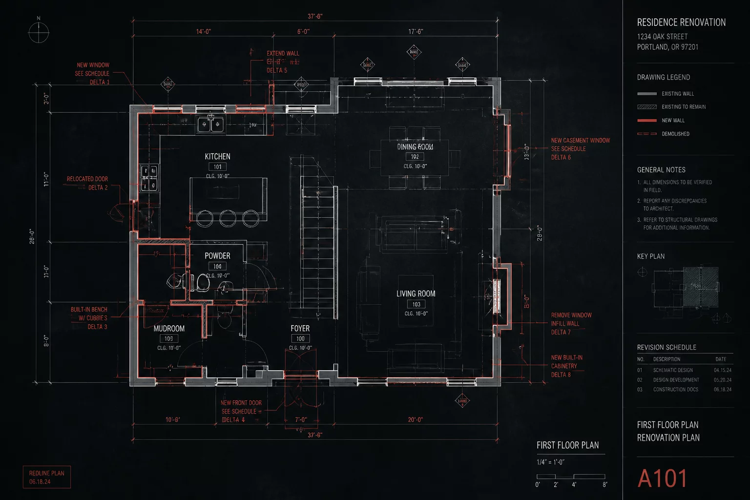 Architectural redline delta plan showing existing and proposed layout changes